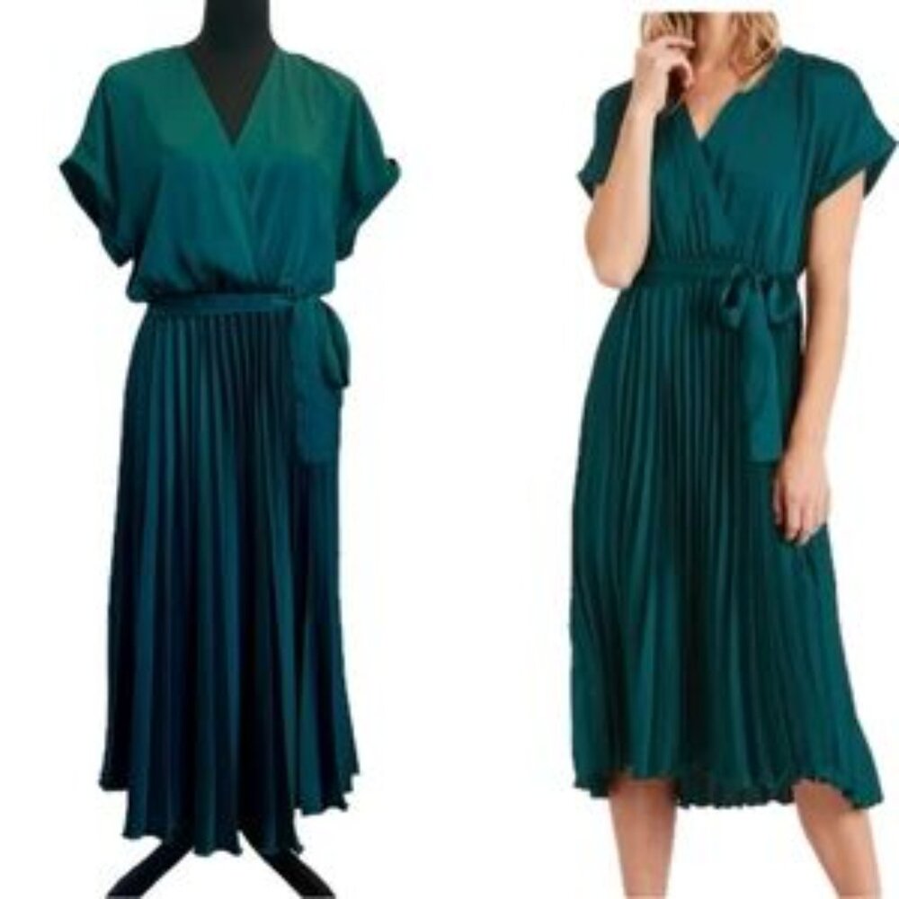 Banan Republic, Pleated Tie Waist, Dark Green Midi Dress